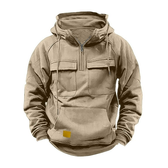 Enjoytime Mens Sweatshirt Solid Color Quarter Zip Cargo Pullover Hoodies Casual Workout Running Outdoor Fall Winter Plus Size Tops Khaki XXXL