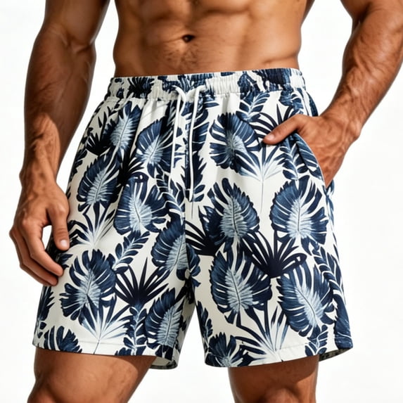 Enjoytime Mens Swim Shorts Tropical Print Elastic Waist Drawstring Breathable Lightweight Beach Shorts