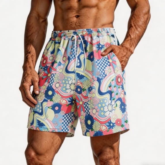 Enjoytime Mens Swim Trunks Print Elastic Waist Drawstring Breathable Lightweight Casual Summer Beach Shorts