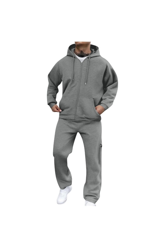 Mens Winter Outfits Solid Color Long Sleeve Zip Up Hoodie Baggy Sweatpants Plus Size 2 Piece Sets Casual Athletic Jogging Sweatsuit
