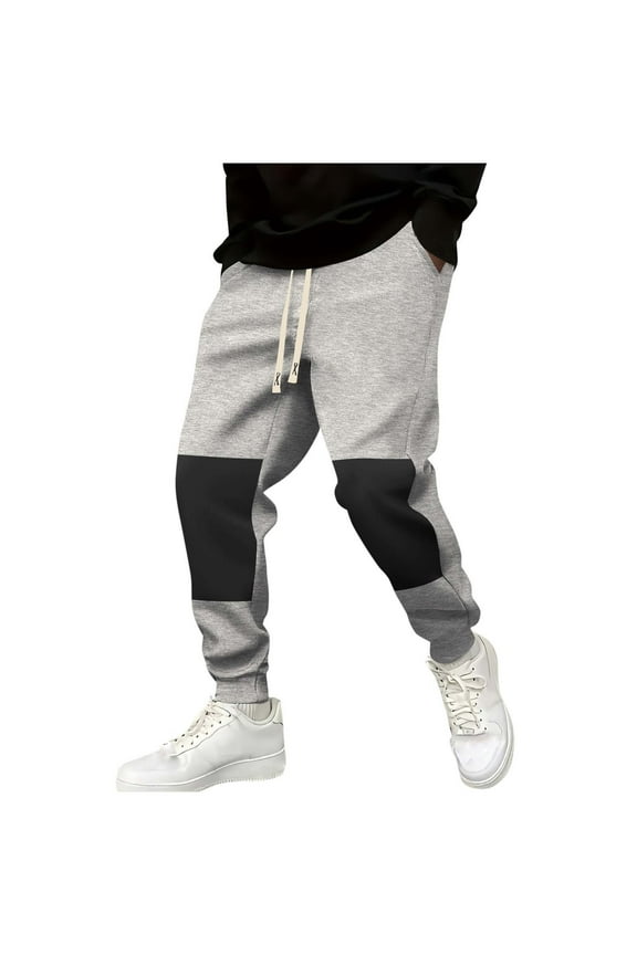 Mens Winter Pants Patchwork Elastic Waist Drawstring Tapered Sweatpants Lightweight Workout Gym Plus Size Work Pants Gray S