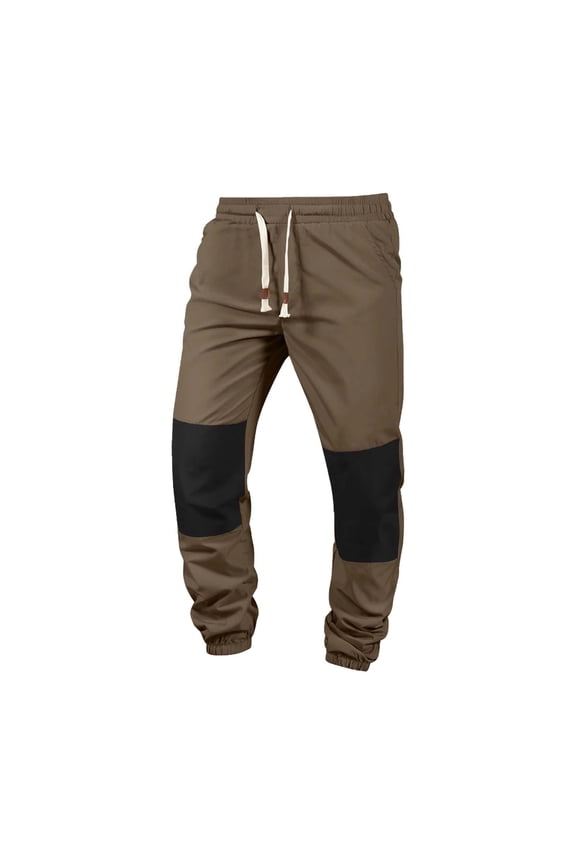 Mens Winter Pants Patchwork Elastic Waist Tapered Pants Drawstring Workout Outdoor Trousers with Pockets Brown XL