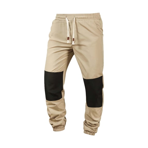 Enjoytime Mens Winter Pants Patchwork Elastic Waist Tapered Pants Drawstring Workout Outdoor Trousers with Pockets Khaki L