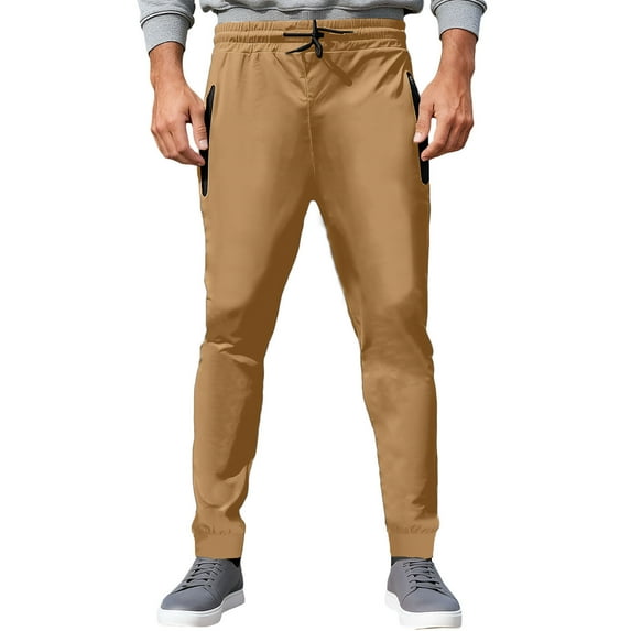 Enjoytime Mens Work Pants Solid Color Drawstring Elastic Waist Trousers Business Casual Comfy Plus Size Pants with Zipper Pockets Khaki M