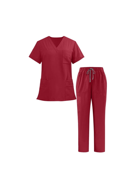 Mens and Women Sets 2 Piece Outfits Solid Color V-Neck Short Sleeve Tops Nurse Uniform Elastic Waist Pants Workwear Matching Set