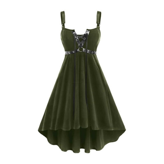 Enjoytime Midi Dresses for Women Solid Color Lace Up Sleeveless Wedding Guest Dress with Bandage Off Shoulder Vintage Gothic Halloween Costumes Army Green M
