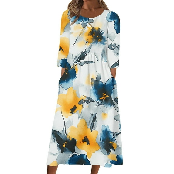 Enjoytime Midi Dresses for Women Casual Printed Round Neck 3/4 Sleeve Floral Dress Fashion Loose Wedding Guest Dress Multicolor S