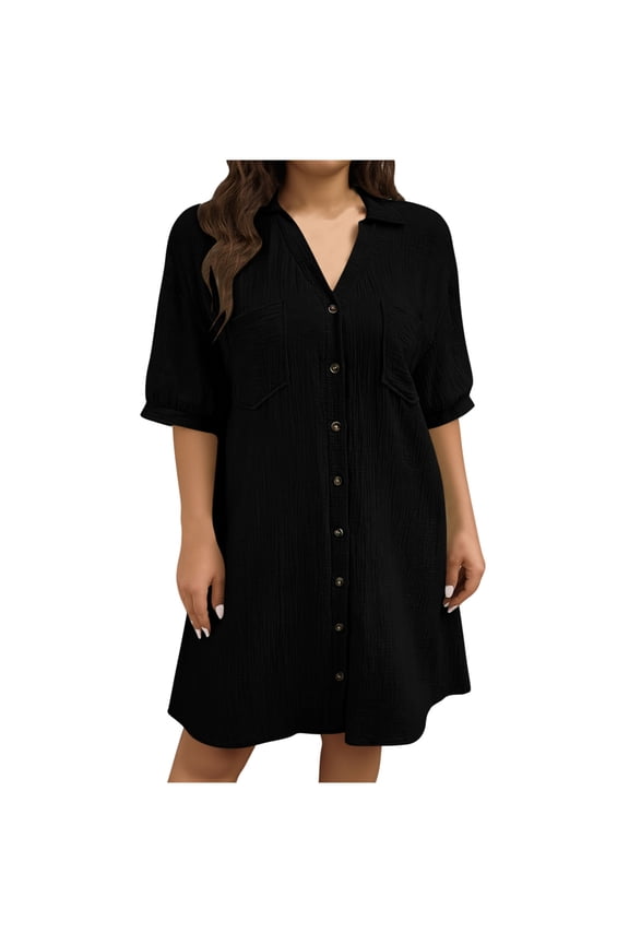 Midi Dresses for Women Solid Color Collared Short Sleeve Button Down Dress Summer Casual Plus Size Dresses