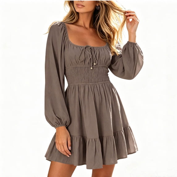 Enjoytime Mini Dresses for Women Puff Long Sleeve Square Neck Ruffle Dress A Line Flowy Casual Party Dresses
