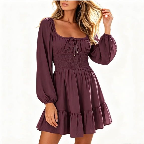 Enjoytime Mini Dresses for Women Puff Long Sleeve Square Neck Ruffle Dress A Line Flowy Casual Party Dresses
