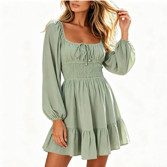 Enjoytime Mini Dresses for Women Puff Long Sleeve Square Neck Ruffle Dress A Line Flowy Casual Party Dresses