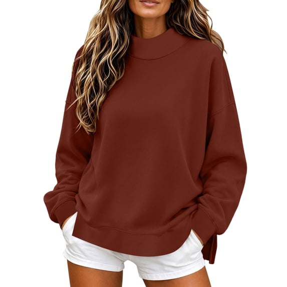 Enjoytime Mock Neck Sweatshirt for Women Long Sleeve Side Slit Pullover Top Fall Winter Loose Casual Sweatshirts