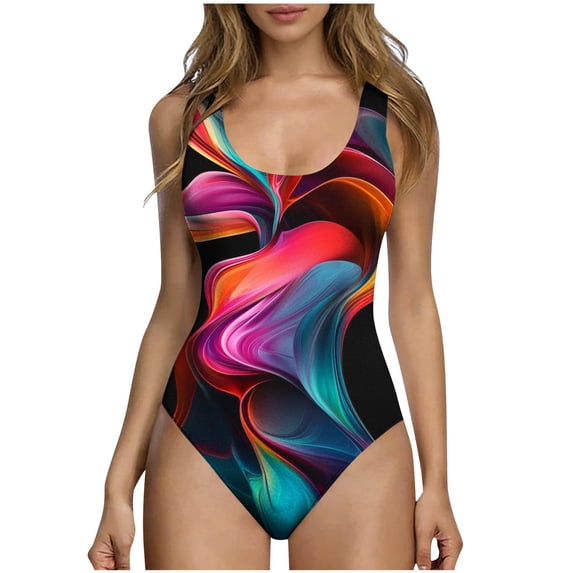 Enjoytime Monokini Swimsuits for Women Print Scoop Neck Tummy Control Backless One Piece Bathing Suits Sporty Modest Swimwear