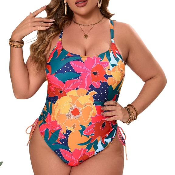 Enjoytime One Piece Swimsuit Women Floral Print Wide Strap Tummy Control Bathing Suit Seaside Sports Modest Plus Size Bikini