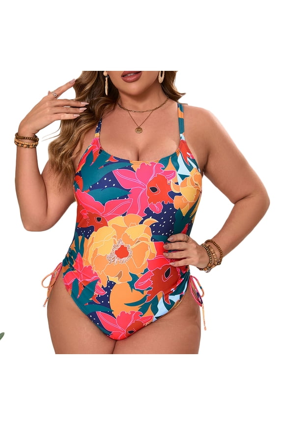One Piece Swimsuit Women Floral Print Wide Strap Tummy Control Bathing Suit Seaside Sports Modest Plus Size Bikini
