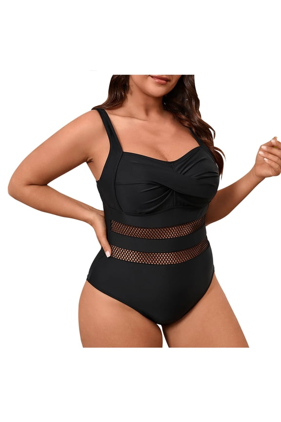 One Piece Swimsuit Women Mesh Patchwork Tummy Control Swimwear Adjustable Modest Plus Size Bathing Suits with Padded Bra