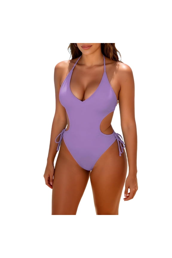 One Piece Swimsuit Women Tummy Control Cutout Halter Bathing Suit High Cut Tie Side Modest Bikini Sets