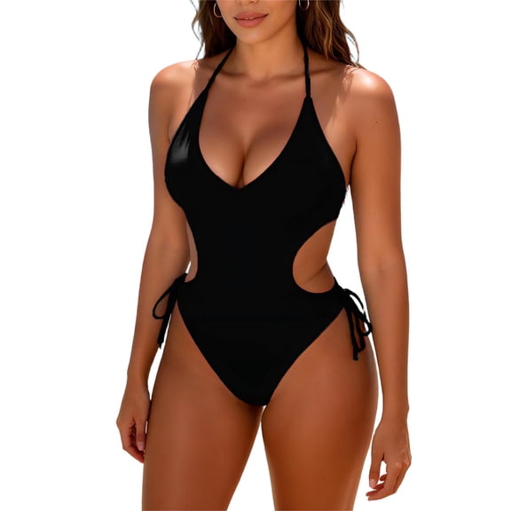 Enjoytime One Piece Swimsuit Women Tummy Control Cutout Halter Bathing Suit High Cut Tie Side Modest Bikini Sets