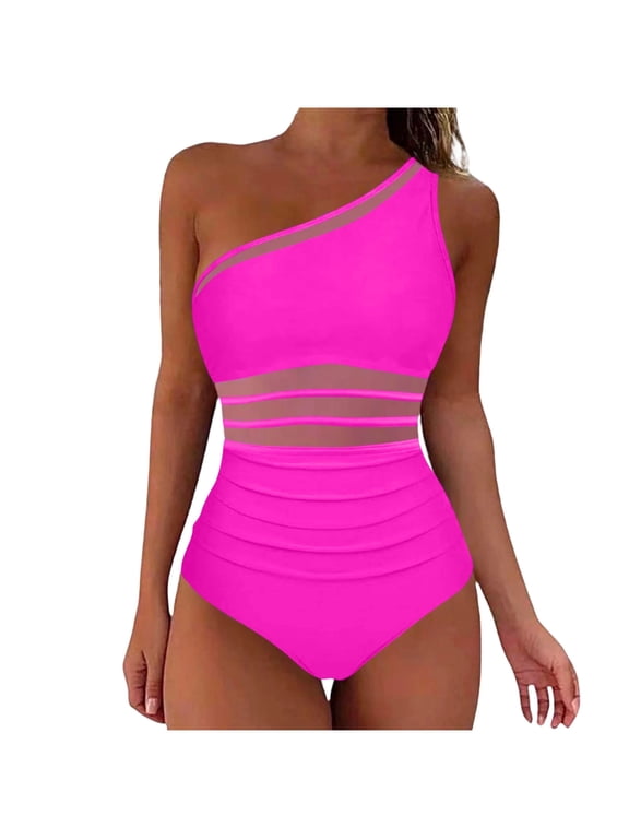 One Piece Swimsuit Women Tummy Control One Shoulder Bathing Suit V Neck Modest Slimming Mesh Swimwear
