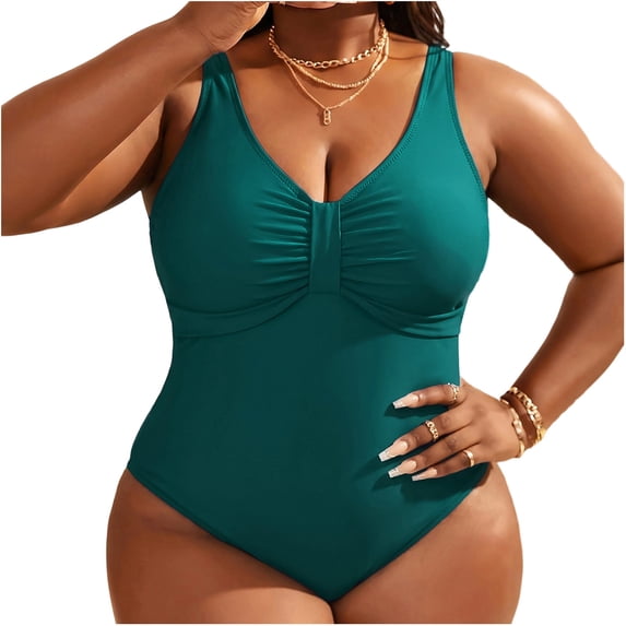 Enjoytime One Piece Swimsuit Women V-Neck Tummy Control Swimwear Ruched Backless Plus Size Bathing Suit