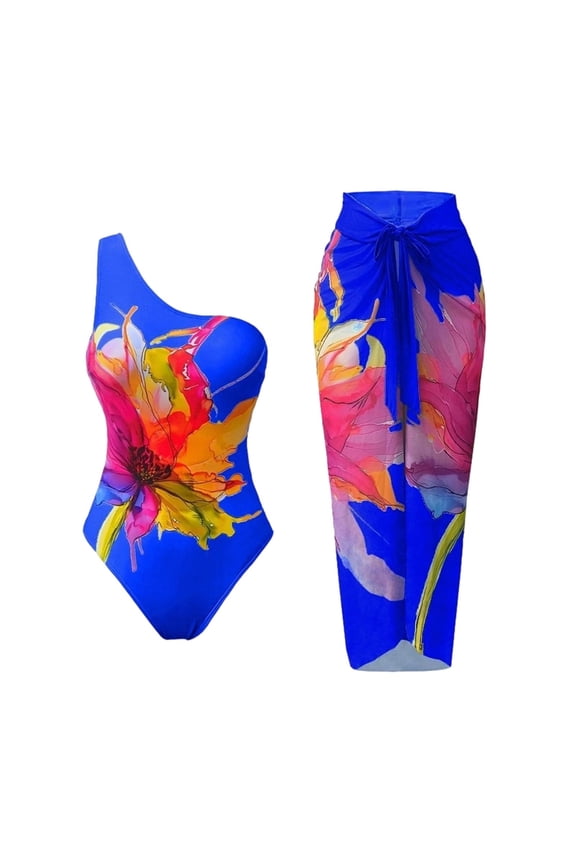 One Piece Swimsuit Women Vintage Printed One Shoulder Tummy Control Bathing Suit with Beach Wrap Skirt High Cut 2 Piece Swimwear