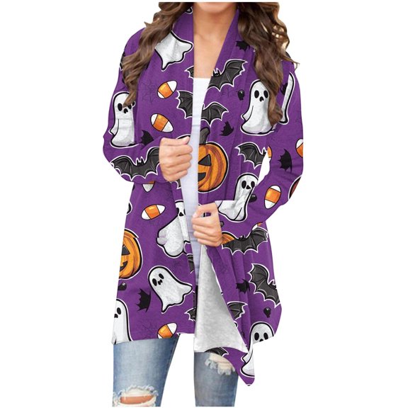 Enjoytime Open Front Cardigan for Women Halloween Pumpkin Ghost Print Cardigans Long Sleeve Outwear Coat Tops