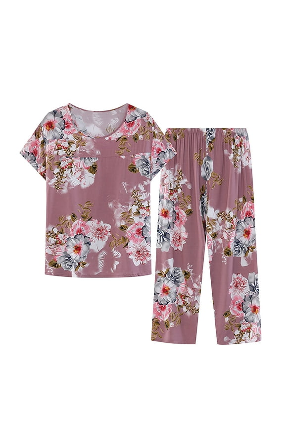 Outfits for Women 2 Piece Sets Vintage Print Short Sleeve Round Neck Tops Loose Pants Pajamas Lightweight Sleepwear Plus Size Womens Clothing