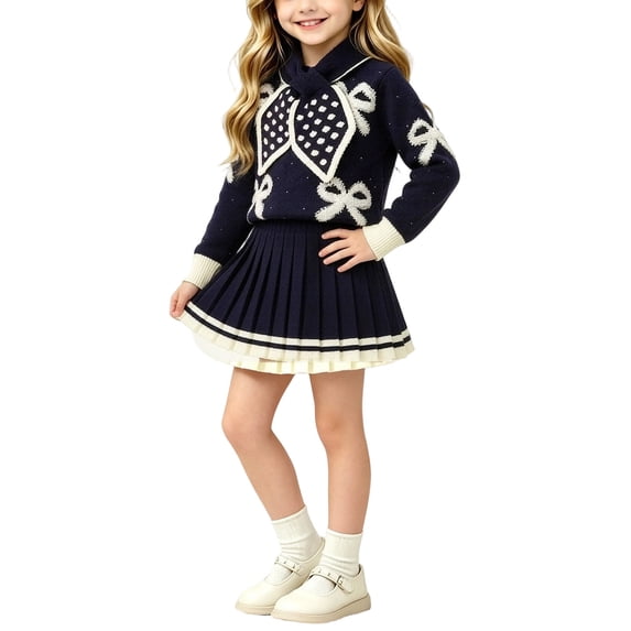 Enjoytime Outfits for Girls Print Long Sleeve Knit Sweater Top Pleated Skirt 2 Piece Set Fall Winter Holiday Kids Toddler Clothes