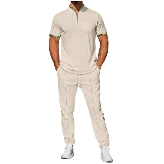 Enjoytime Outfits for Men Solid Color Short Sleeve Zip Up Tops Drawstring Pants Sweat Suits Fashion Casual Plus Size 2 Piece Sets