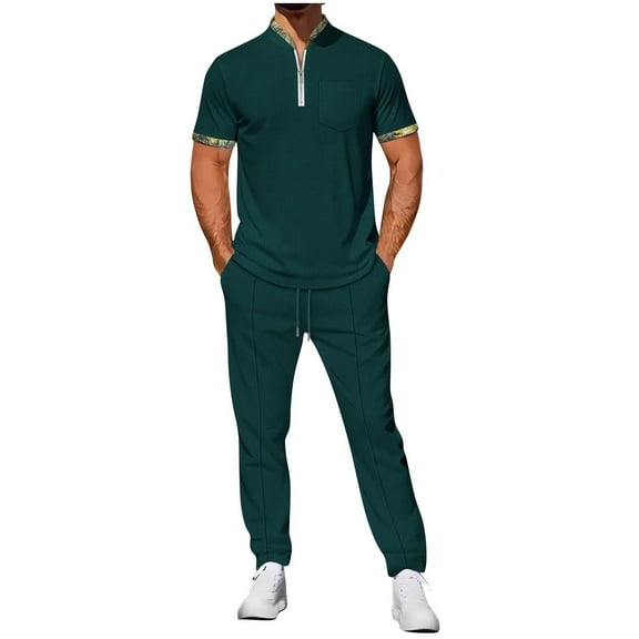 Enjoytime Outfits for Men Solid Color Short Sleeve Zip Up Tops Drawstring Pants Sweat Suits Fashion Casual Plus Size 2 Piece Sets