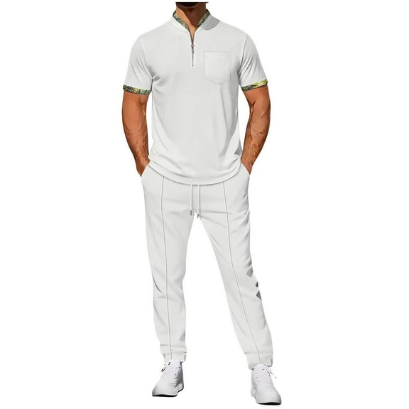 Enjoytime Outfits for Men Solid Color Short Sleeve Zip Up Tops Drawstring Pants Sweat Suits Fashion Casual Plus Size 2 Piece Sets