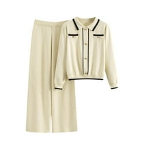 Enjoytime Outfits for Women 2 Piece Sets Printing Long Sleeve Button Down Shirts Long Pants Loungewear Casual Fall Winter Set