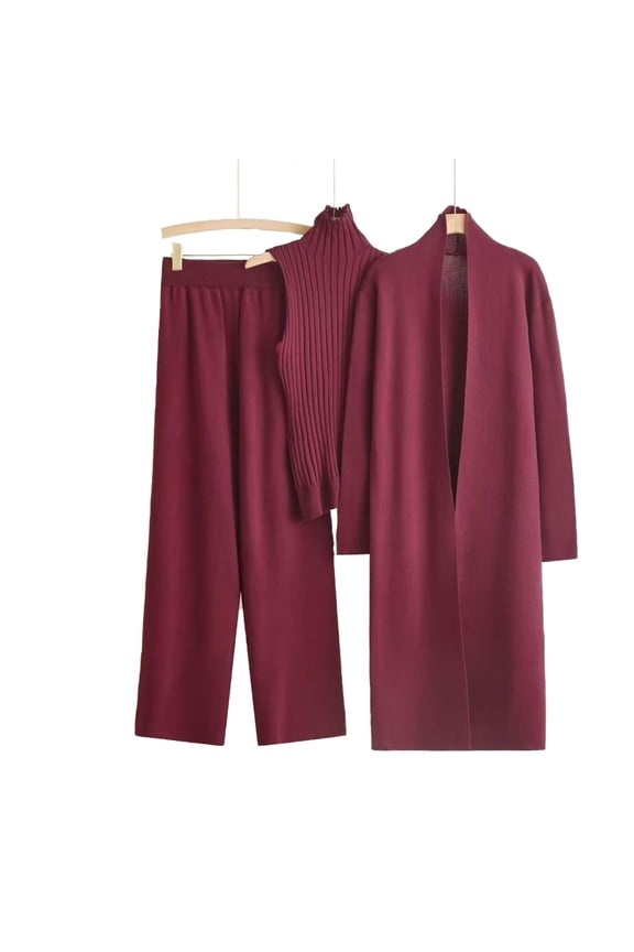 Outfits for Women Long Windbreaker High Neck Inner Sweater Elastic Waist Wide Leg Pants Knitted 3 Piece Set Fall Winter Casual Loungewear