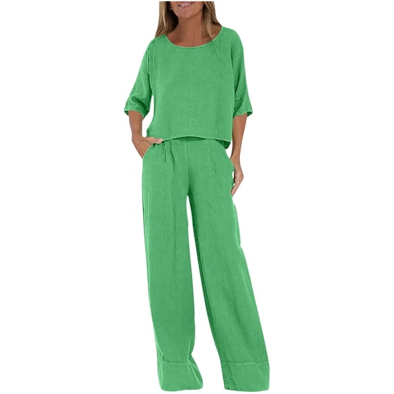 Enjoytime Outfits for Women Round Neck Short Sleeve Tops with Pants Two Piece Sets 2026 Summer Casual Plus Size Lounge Set