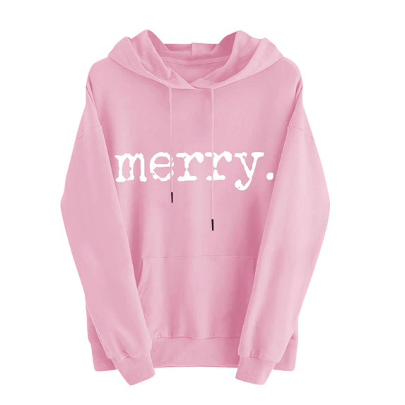 Enjoytime Oversized Hoodie Women Letter Print Long Sleeve Blouses Fall Winter Casual Christmas Vacation Sweatshirt Pink L