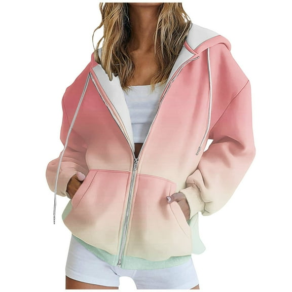 Enjoytime Oversized Sweatshirt for Women Womens Drawstring Long Sleeve Hoodies with Zipper Casual Gradient Printed Pockets Jackets Tops Womens Fall Winter Clothing