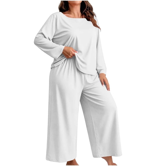 Enjoytime Pajama Sets for Women 2 Piece Crew Neck Long Sleeve Plus Size Pajamas Fall Soft Comfy Casual Solid Color Loose Sleepwear