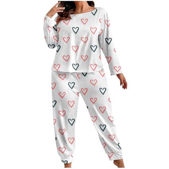 Enjoytime Pajama Sets for Women 2 Piece Hearts Printed Crewneck Long Sleeve Tops Pants Loungewear Comfy Casual Outfits Fall Winter Plus Size Clothes