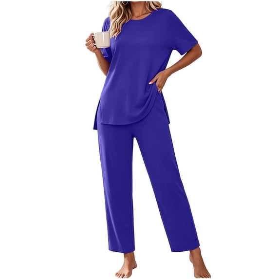 Enjoytime Pajama Sets for Women 2 Piece Loose Soft Comfy Loungewear Crew Neck Short Sleeve Tops Pants Sleepwear Sets