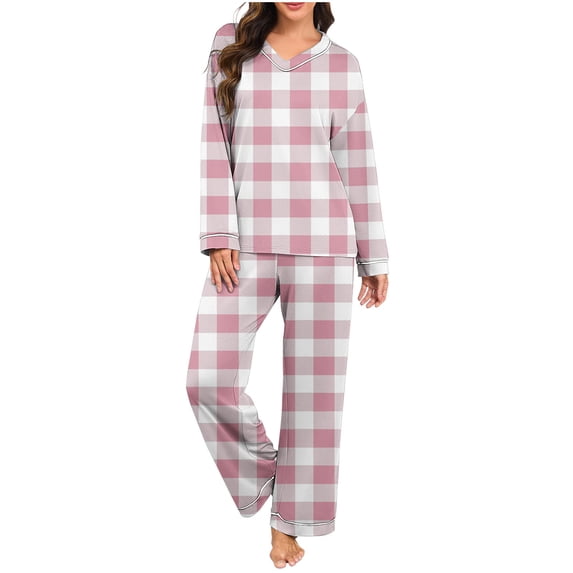 Enjoytime Pajama Sets for Women 2 Piece Plaid V-Neck Long Sleeve Tops Pants Sleepwear Matching Cozy Loungewear Casual Travel Outfits