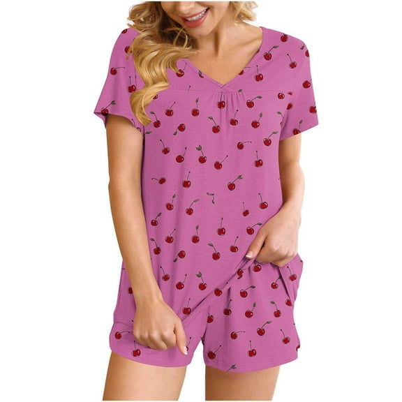 Enjoytime Pajama Sets for Women 2 Piece Short Sleeve Crewneck Blouses with Printed Shorts Sleepwear Summer Casual Loose Outfits