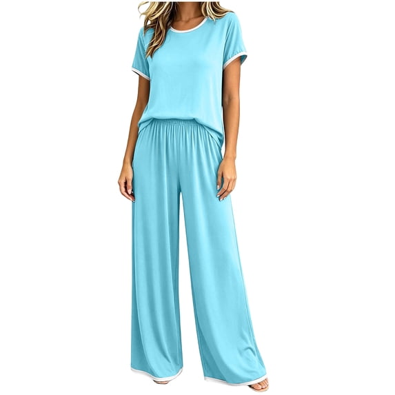 Enjoytime Pajama Sets for Women 2 Piece Short Sleeve Tops Pants Sleepwear Soft Comfy Loose Plus Size Lounge Set
