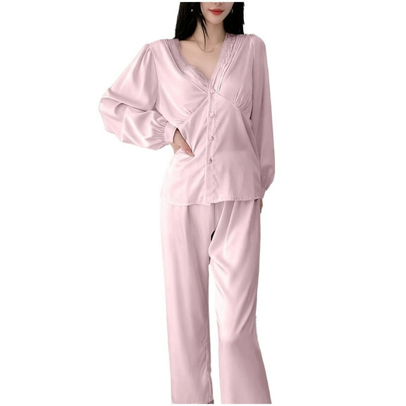 Enjoytime Pajama Sets for Women 2 Piece V-Neck Long Sleeve Button Down Blouses Casual Pants Outfits Solid Color Soft Sleepwear Comfy Loungewear