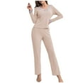 thumbnail image 1 of Enjoytime Pajamas for Women Set Patchwork V-Neck Long Sleeve Blouses Elastic Waist Straight Leg Pants Loungewear Womens 2 Piece Outfits Fall Winter Clothes, 1 of 4