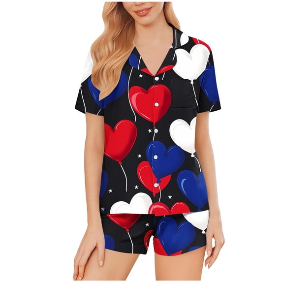 Enjoytime Pajamas for Women Heart Print Turndown Short Sleeve Button Down Blouse Shorts Loungewear Casual Lightweight Summer Two Piece Sets