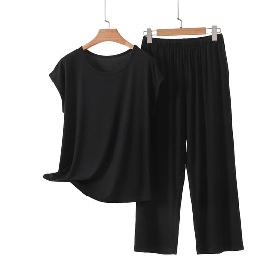 Enjoytime Pajamas for Women Round Neck Short Sleeve Tops with Wide Leg Pants 2 Piece Lounge Sets Comfy Soft Sleepwear