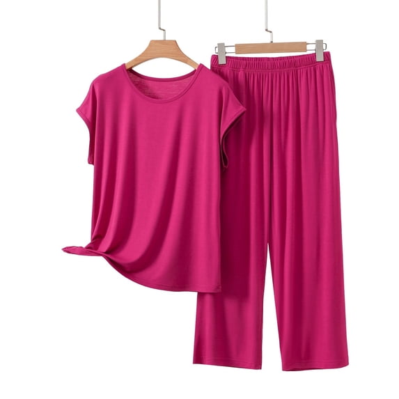 Enjoytime Pajamas for Women Round Neck Short Sleeve Tops with Wide Leg Pants 2 Piece Lounge Sets Comfy Soft Sleepwear