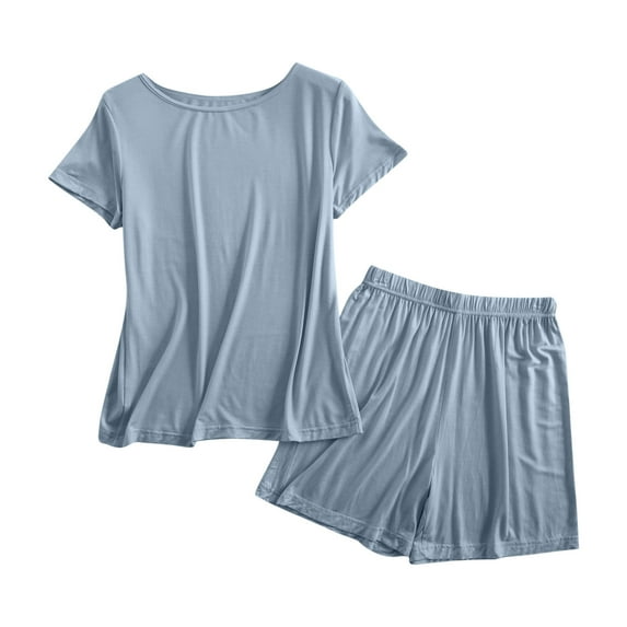 Enjoytime Pajamas for Women Set 2 Piece Solid Color Crewneck Short Sleeve Tops Shorts Plus Size Outfits Loose Soft Comfy Loungewear