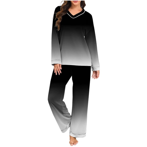 Enjoytime Pajamas for Women Set Gradient V-Neck Long Sleeve Tops Pants Cozy Loungewear Casual Loose Matching 2 Piece Outfit