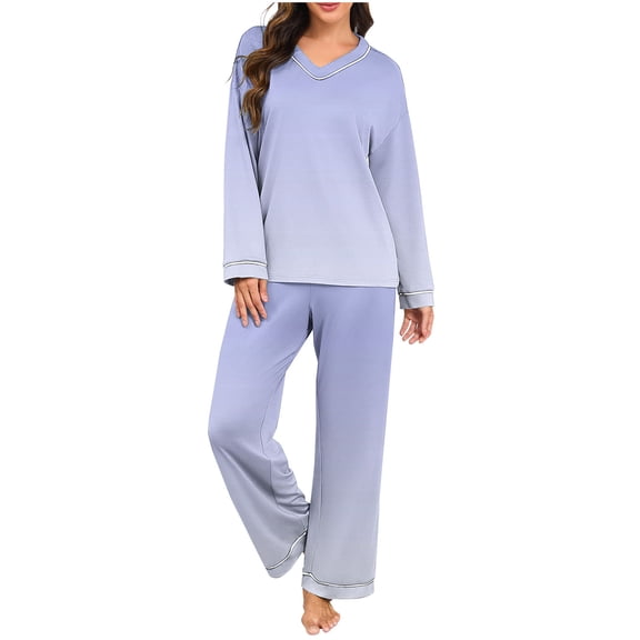 Enjoytime Pajamas for Women Set Gradient V-Neck Long Sleeve Tops Pants Cozy Loungewear Casual Loose Matching 2 Piece Outfit